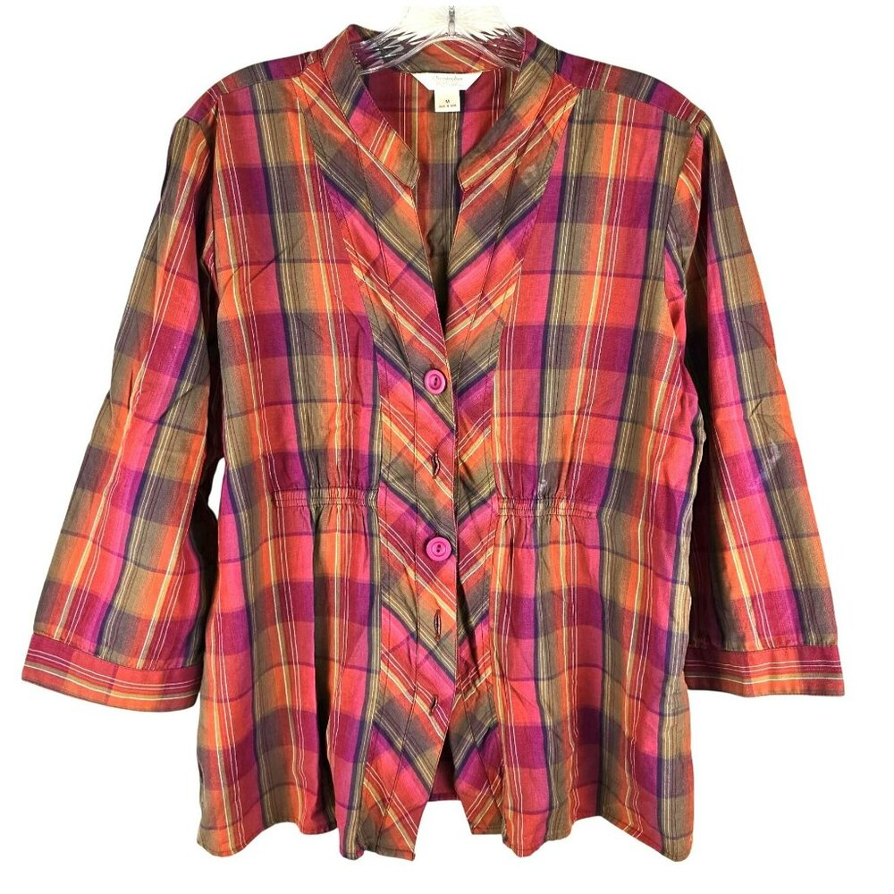 Christopher & Banks Plaid Button-Up Shirt With 3/4 Sleeves Size M JH1848